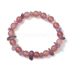 Natural Amethyst Chip & Natural Strawberry Quartz Round Beaded Stretch Bracelets for Women&nbsp;BJEW-JB13279-01