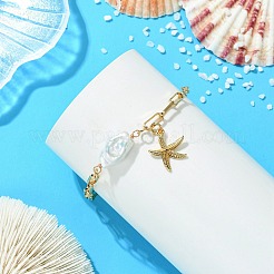Starfish Brass & Natural Baroque Pearl Keshi Pearl Charm Bracelets&nbsp;BJEW-JB13741