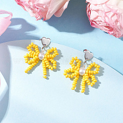 4 Pairs 4 Colors Heart with Bowknot Handmade Glass Seed Beads Dangle Stud Earrings&nbsp;EJEW-MZ00474