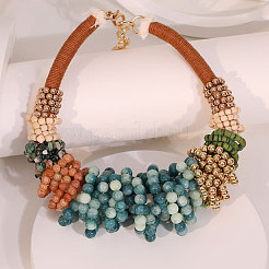 Bohemian Style Round Gemstone & Glass & Wood & CCB Plasitc Beaded Bib Necklaces&nbsp;FS-WGADB81-01