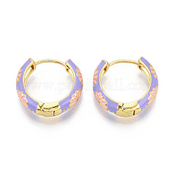 Brass Enamel Flower Print Hoop Earrings&nbsp;EJEW-L269-119G-01
