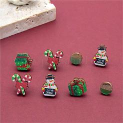 4 Pairs Candy Cane & Snowman & Christmas Gift Printed Wood Stud Earrings&nbsp;EJEW-OY001-01