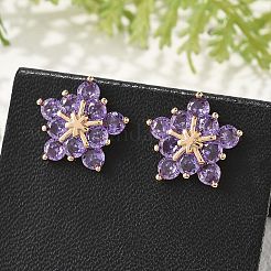 Flower Brass Micro Pave Cubic Zirconia Stud Earrings for Women&nbsp;EJEW-G428-28B-03