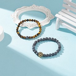 2Pcs 2 Style Natural Weathered Agate(Dyed) & Tiger Eye Round Beaded Stretch Bracelets Set with Alloy Lion&nbsp;BJEW-JB08654