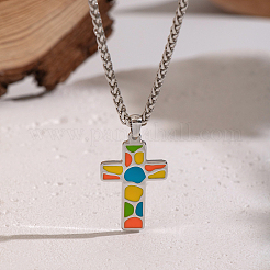 Vintage 304 Stainless Steel Enamel Colorful Cross Pendant Wheat Chain Necklaces&nbsp;XX7294