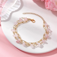 Natural Gemstone Chip Beads & Brass Paperclip Chain Multi-strand Bracelets for Women&nbsp;BJEW-JB12890