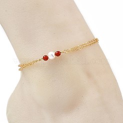 White Round Shell Pearl & Natural Carnelian Beads Anklets&nbsp;AJEW-AN00835-02