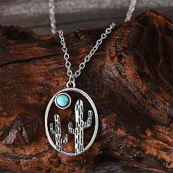 Alloy with Synthetic Turquoise Oval with Cactus Pendant Necklaces&nbsp;FS-WG3DEAB-03