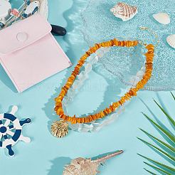 Dyed Natural Freshwater Shell Chip & Transparent Frosted Glass Nuggets Beaded Brass Shell Shaped Pendant Double Layer Necklaces&nbsp;NJEW-OC00005