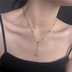 304 Stainless Steel Pave Clear Cubic Zirconia Flat Round Tassel Pendant Necklaces for Women&nbsp;FS-WGE6DE6-01