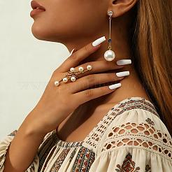 Iron with Imitation Pearl Round Dangle Stud Earrings and Cuff Rings Set&nbsp;YS4776-1