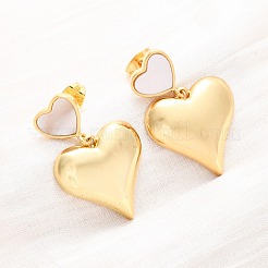 Heart Brass Shell Dangle Stud Earrings&nbsp;KK-D363-20G