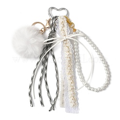 Imitation Rabbit Hair Ball & Polyester Ribbon & Plastic Pearl Bead Pendant Decorations&nbsp;HJEW-JM04334