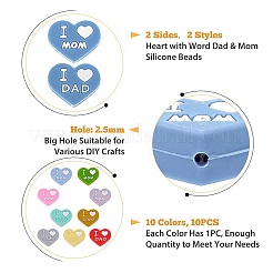 9pcs 9 colors Heart with Word Dad & Mom Silicone Beads&nbsp;SIL-FH0001-12