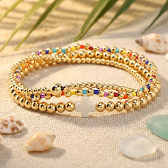 3Pcs 3 Styles Round Brass & Glass Seed Beads Stretch Bracelets&nbsp;WL3329-2