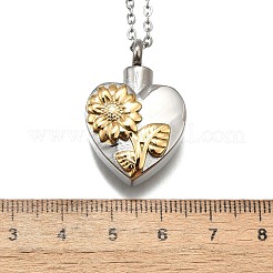 304 Stainless Steel Heart Sunflower Cinerary Casket Pendant Necklaces&nbsp;NJEW-V002-03GP