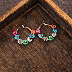Flower Brass Glass Seed Beaded Hoop Earrings&nbsp;FS-WG0698E-01