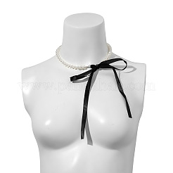 Bowknot Satin Cord Plastic Imitation Pearl Round Beaded Choker Necklaces for Women&nbsp;WG8633D-01