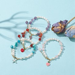 4Pcs 4 Style Grape & Apple & Peach & Starfish Alloy Enamel Charm Bracelets Set&nbsp;BJEW-TA00287