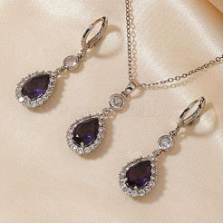 Brass Micro Pave Clear Cubic Zirconia & Glass Teardrop Pendant Necklaces & Earrings Sets for Women&nbsp;RT7280