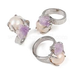 Nuggets Natural Amethyst & Pearl Open Cuff Rings&nbsp;RJEW-K286-13P