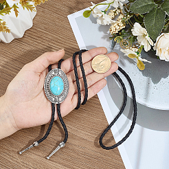 1Pc Alloy & Synthetic Turquoise Oval Pendant Black PU Leather Cord Boho Tie Lariat Necklaces&nbsp;NJEW-GF0001-23