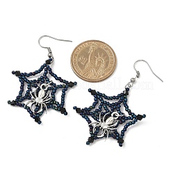Halloween Theme Spider Web with Spider Handmade Glass Seed Beaded Dangle Earrings&nbsp;EJEW-MZ00481-02