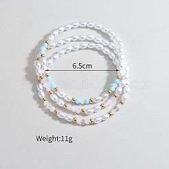 3Pcs Resin Pearl Faceted Round & Rice Beaded Stretch Anklet Sets&nbsp;FS-WG2E78A-01