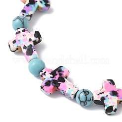 Baking Paint Synthetic Turquoise Cross & Round Beads Stretch Bracelets for Men Women&nbsp;BJEW-JB12341-03