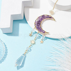 Natural Amethyst & Quartz Crystal Chip Pendant Decorations with Brass Moon & Cable Chain&nbsp;HJEW-JM01645