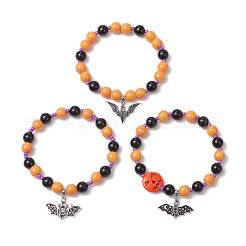 3Pcs 3 Styles Halloween Theme Baking Paint Glass & Natural Black Onyx(Dyed & Heated) & Synthetic Turquoise Round Beaded Stretch Bracelets&nbsp;BJEW-MZ00188