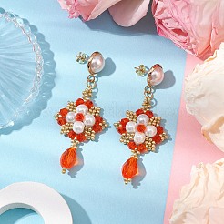 Handmade Glass Seed Beads and Glass Pearl Round Stud Earrings&nbsp;EJEW-MZ00280-03