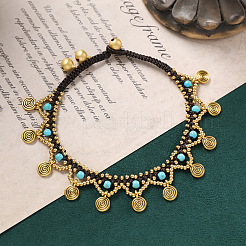 Bohemian Style Alloy Brass Disc Tassel Waxed Cord Anklets for Women&nbsp;FS-WGC5E81-02