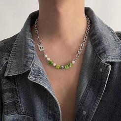 Letter B and Acrylic Lime Green Cube Beaded 201 Stainless Cable Chain Necklaces&nbsp;FS-WG7DFDB-01