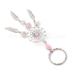 Woven Net/Web with Feather Alloy & Natural Rose Quartz & Glass Seed Keychains&nbsp;KEYC-MZ00041-02