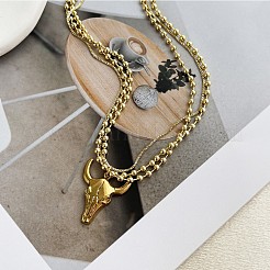Brass Cattle Head Pendant 304 Stainless Steel Chain 3-Strand Necklaces for Women&nbsp;WG2675A-01