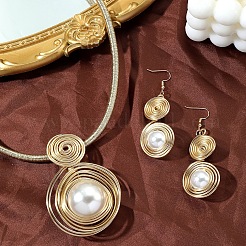 Oval Aluminum Wire Wrapped Acrylic Imitation Pearl with Imitation Leather Pendant Necklaces & Dangle Earrings Sets &nbsp;FS-WG4644F-01