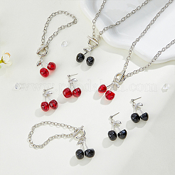 2 Set 2 Color Resin Cherry Pendant Necklace & Charm Bracelet & Dangle Stud Earrings&nbsp;SJEW-FI0001-18