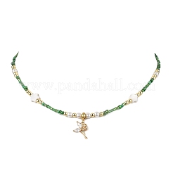 Brass Pave Clear Cubic Zirconia Fairy Pendant Round Shell Pearl & Flower Natural Freshwater Shell & Glass Seed Beaded Necklaces for Women&nbsp;NJEW-JN05643