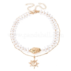 CCB Plastic Sun Pendant Alloy & Imitation Baroque Keshi Pearl Double Layer Necklaces for Women&nbsp;NJEW-Z116-01G