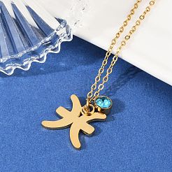 304 Stainless Steel Glass Drill Birth Stone Constellation Pendant Necklaces&nbsp;LS-STAS-D305-08G-L