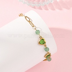 Gemstone Round & Stainless Steel Glass Heart Link Chain Bracelets with Paperclip Chains&nbsp;BJEW-JB14233