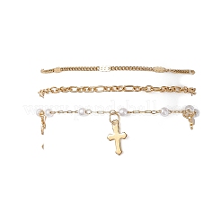 Round ABS Imitation Pearl Beaded Chains & 304 Stainless Steel Cable Chains Stackable Bracelets for Women&nbsp;BJEW-JB12452-01