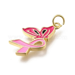 October Breast Cancer Pink Awareness Ribbon Brass Enamel Pendants&nbsp;KK-G525-10G-03