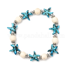 Starfish Synthetic Turquoise Beads & Brass Beads Stretch Bracelets&nbsp;BJEW-JB12408-03