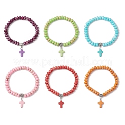 Synthetic Imperial Jasper Beads & Turquoise Cross Stretch Bracelets for Women Men&nbsp;BJEW-JB11382