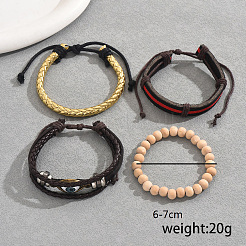 4Pcs 4 Styles Men's PU Leather Braided Bracelets & Wood Beads Stretch Bracelets Set&nbsp;PO6942