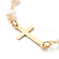 201 Stainless Steel Cross Link Bracelet with Natural Pearl Beaded Chains for Women&nbsp;X-BJEW-JB08543