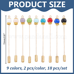 18Pcs 9 Colors Glass Round Bead with Brass Brooch&nbsp;JEWB-HY00003