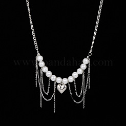 Imitation Pearl Round Beaded Alloy Heart Chain Tassel Bib Necklaces for Women&nbsp;WG3C231-01